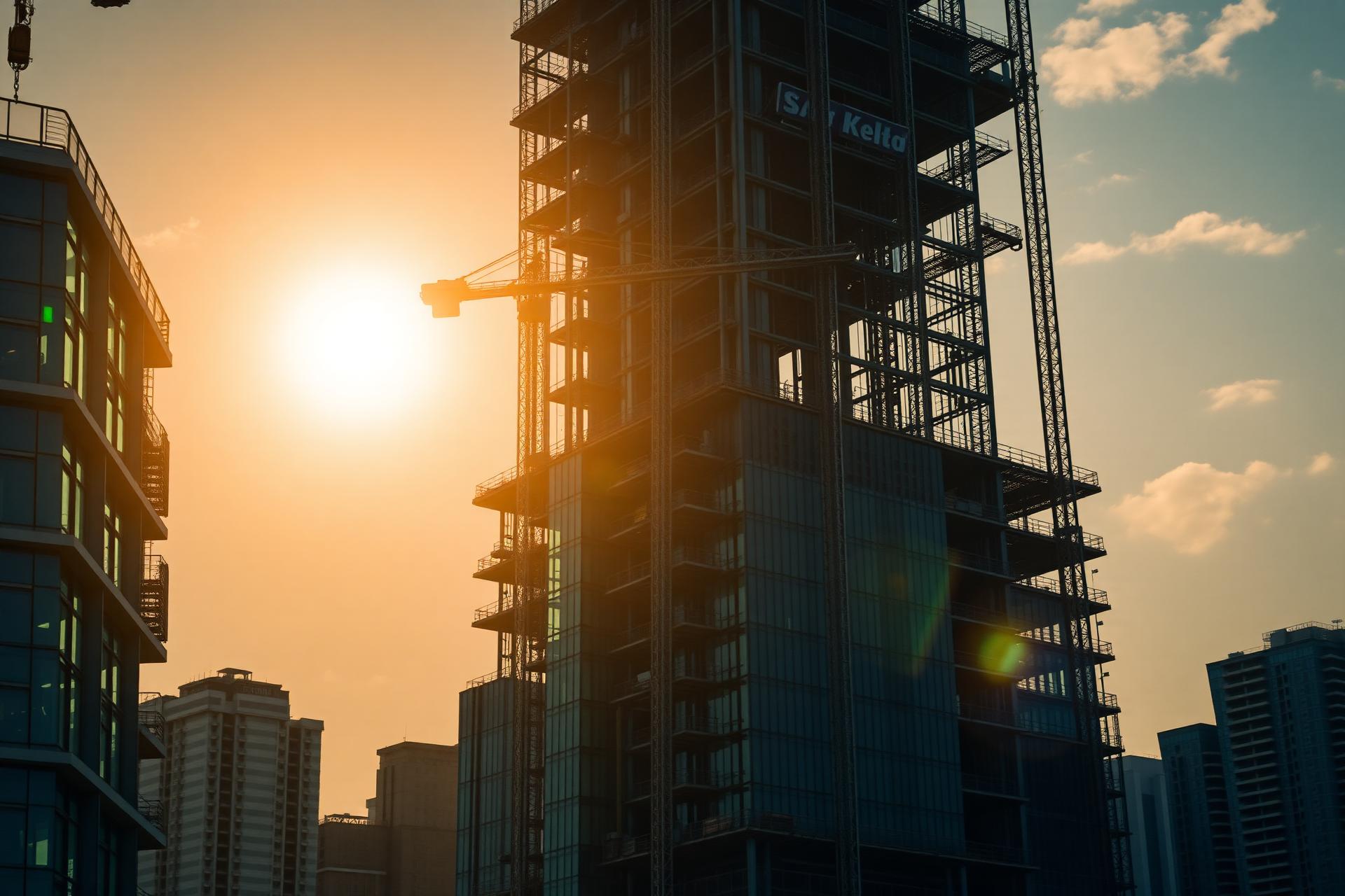 Modern construction site at golden hour