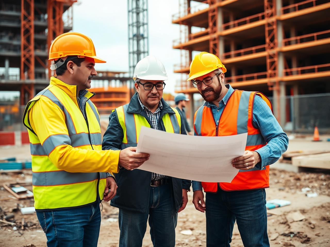 Engineers reviewing construction blueprints